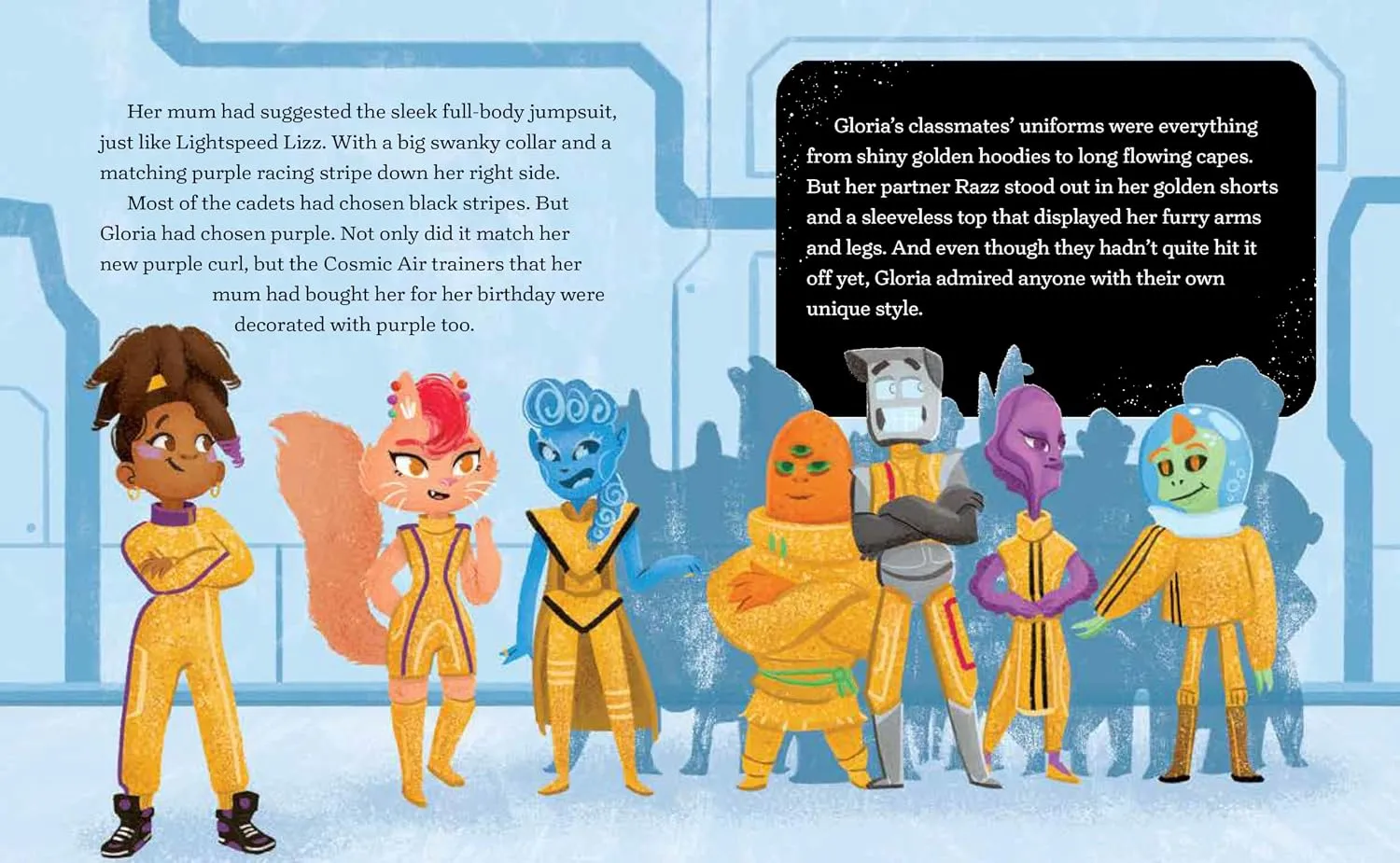 A line-up of cadets in gold flight suits, each one a different alien, against a blue academy wall