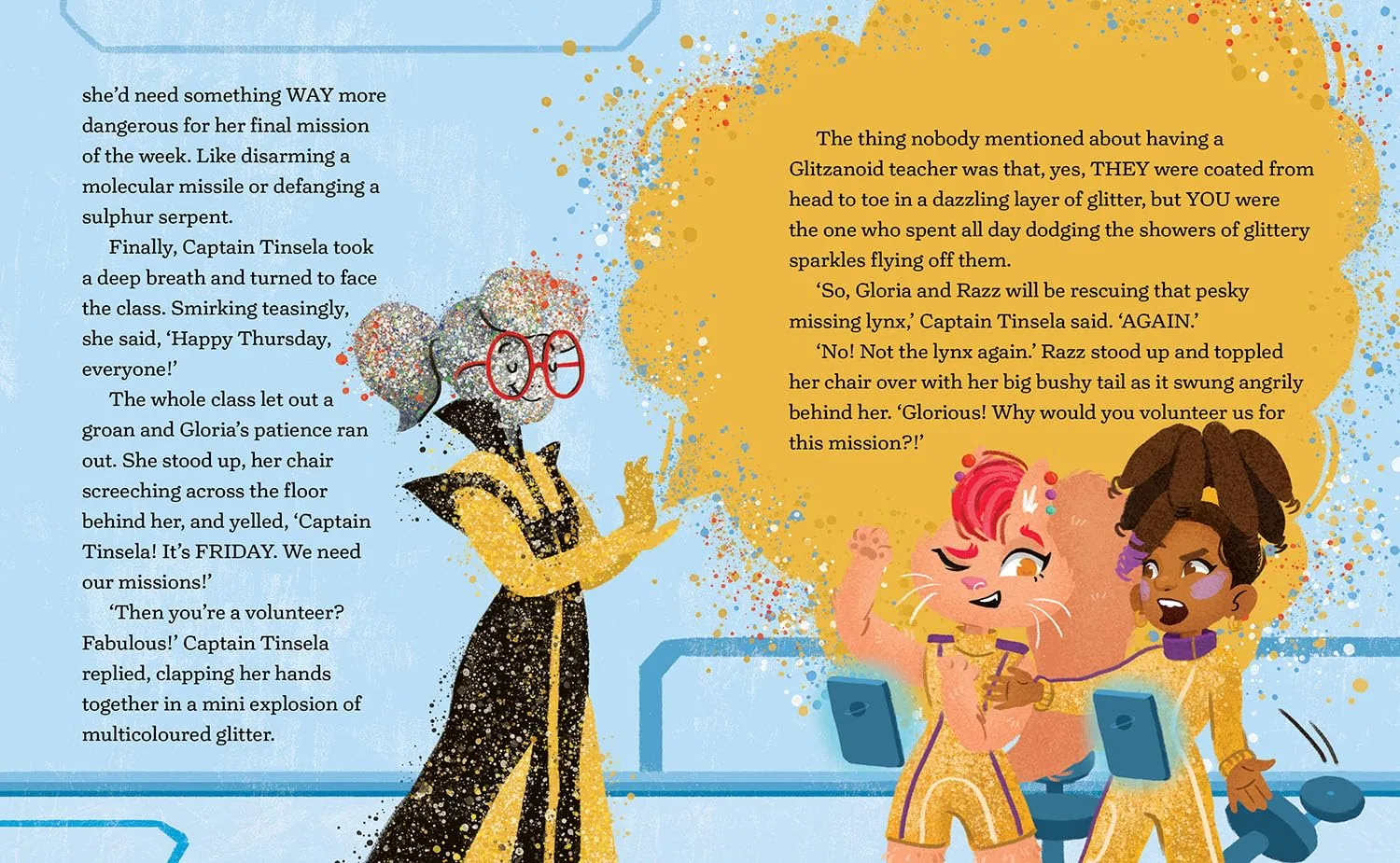 Captain Tinsela in a sequinned gown, arms raised in a burst of glitter in front of the class