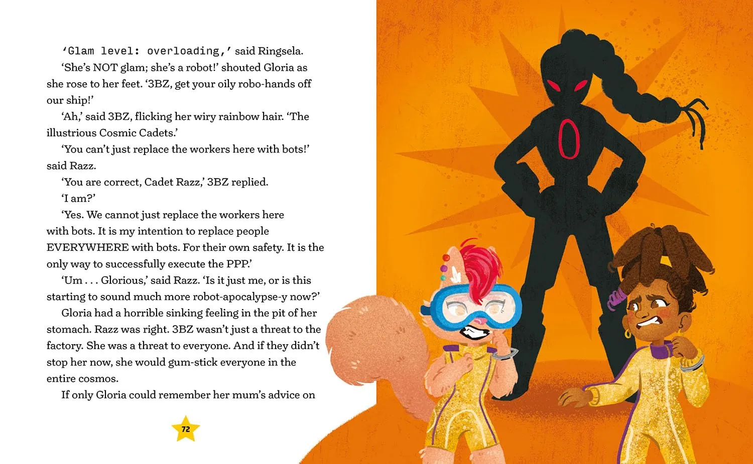 A glittering silhouette of the Glitzanoid towering over Gloria and Razz on an orange page