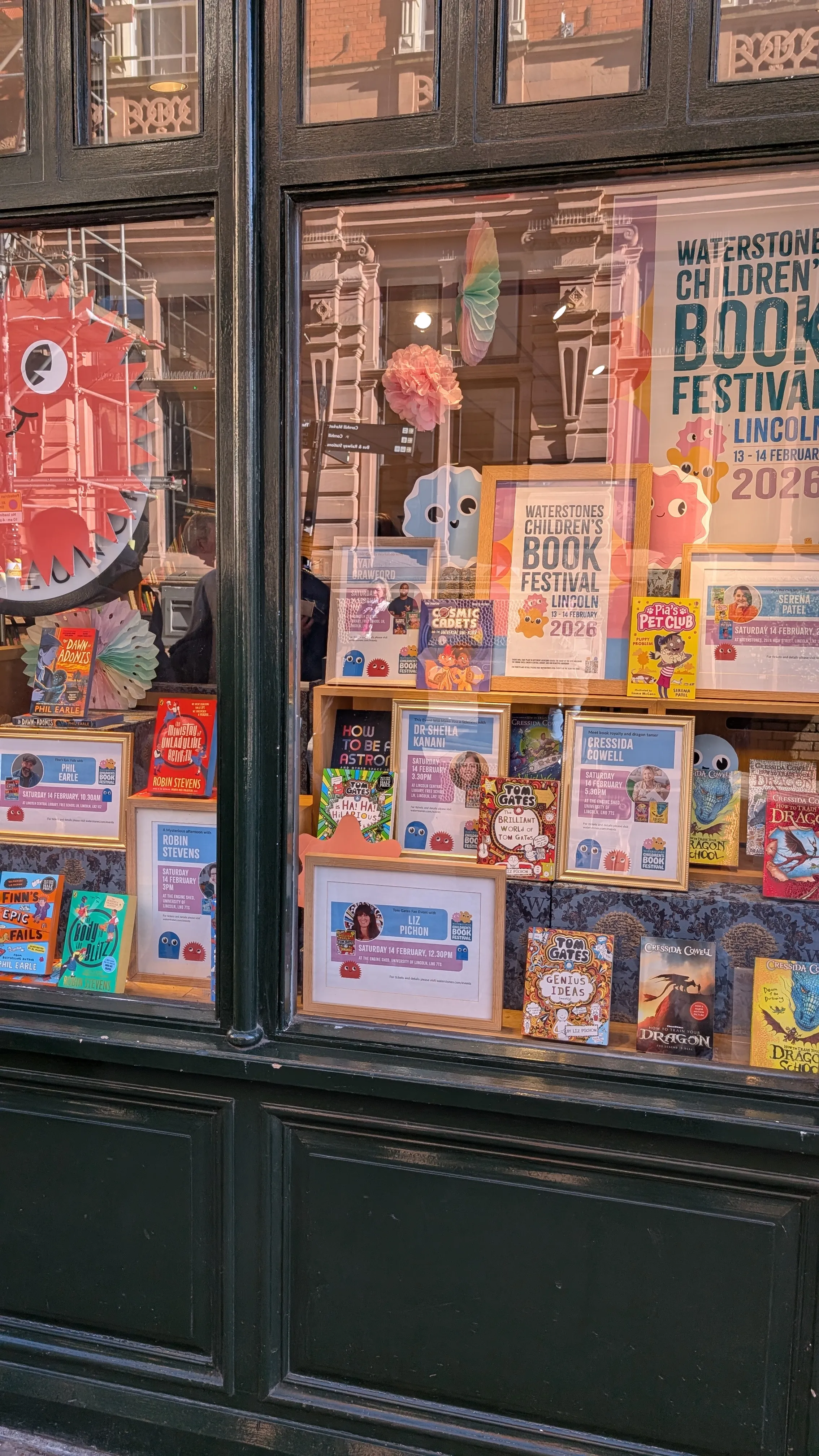 Waterstones Lincoln's window, dressed for the Children's Book Festival