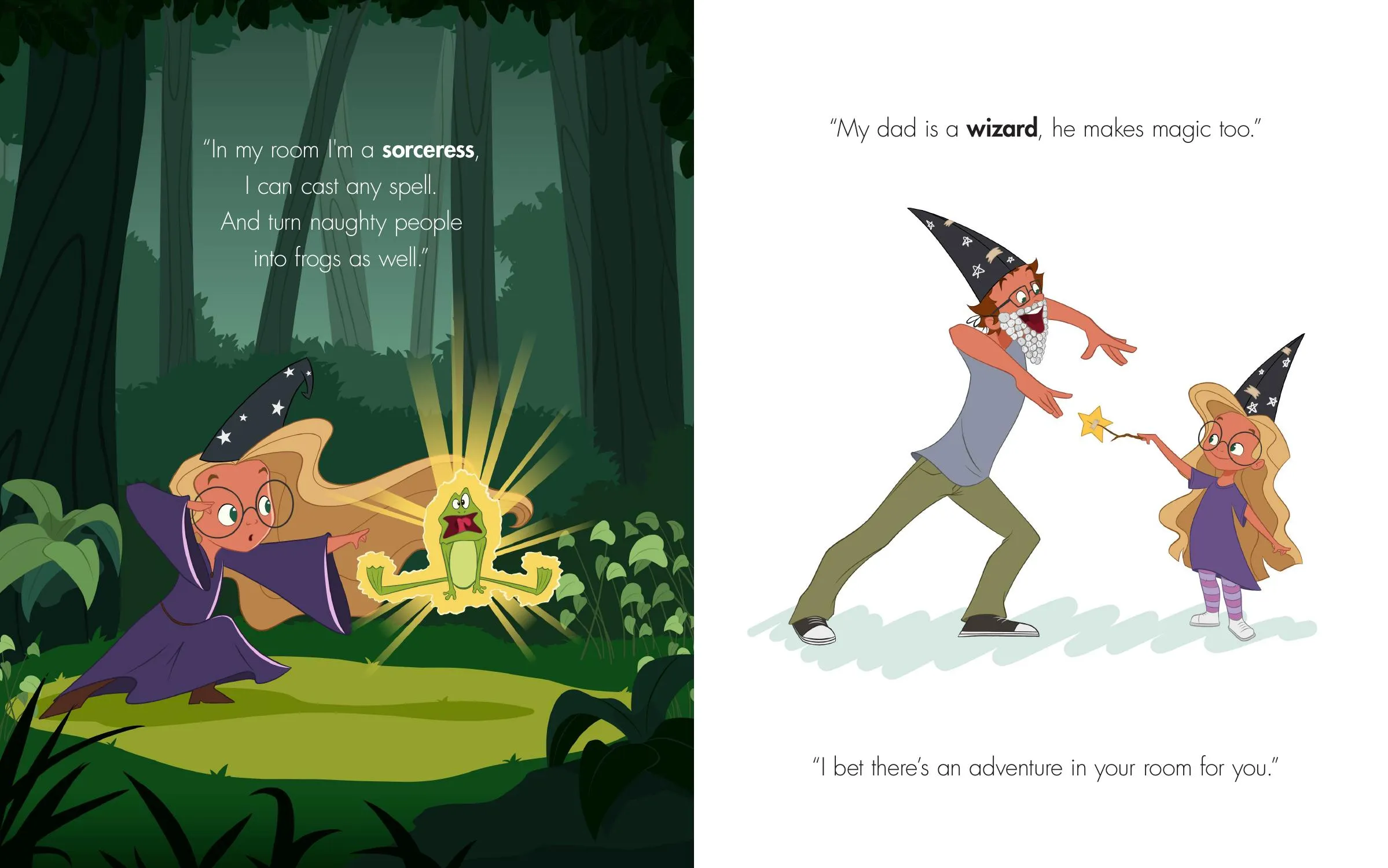 A sorceress casting a golden spell over a frog in a dark forest